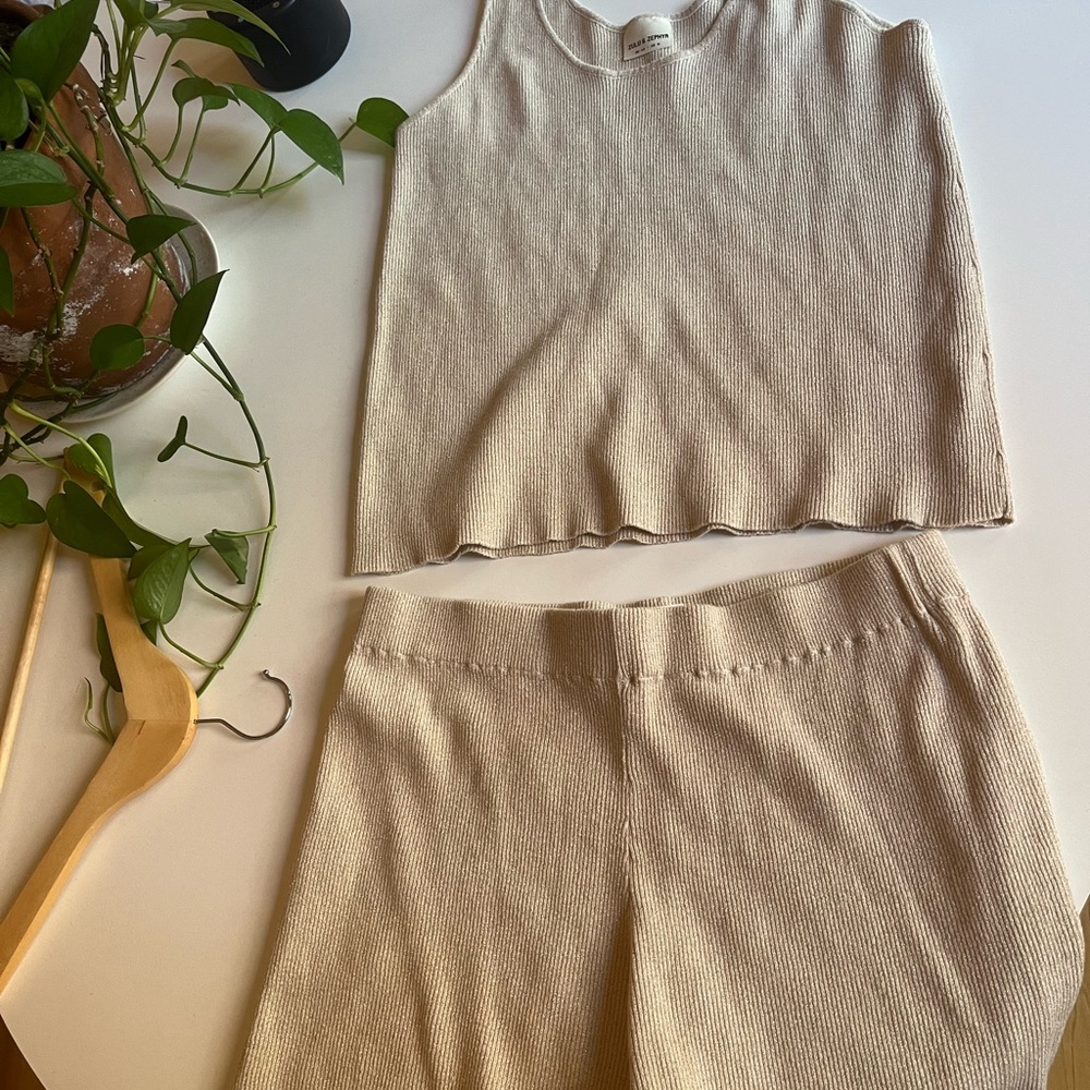 Beige Knit Tank and Shorts Set
